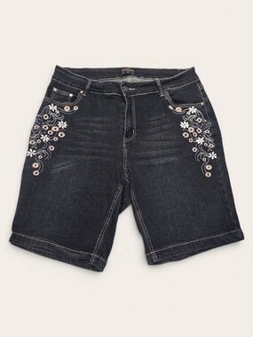 BloomChic Dark Wash Denim Bermuda Shorts with White & Tan Floral Embroidery